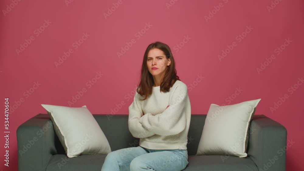 Pensive creative modern young girl decide problem, feel insight, come up with cool idea, sitting on sofa. Great solution Pensive creative modern young girl decide problem, feel insight, come up with cool idea, sitting on sofa. Great solution