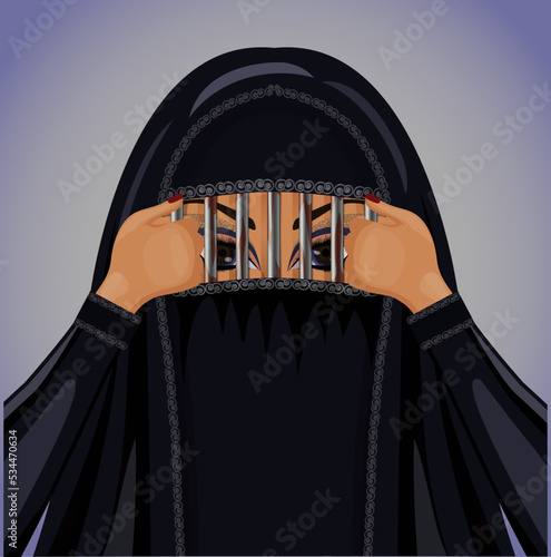 Burka is like a prison. Muslim woman in burqa breaks the cage from an iron grate, vector illustration