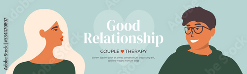 Family psychotherapy concept. Couple therapy vector illustration. Horizontal banner with man and woman looking at each other. Good relationship of happy partners. Wife and husband in love. Ad poster