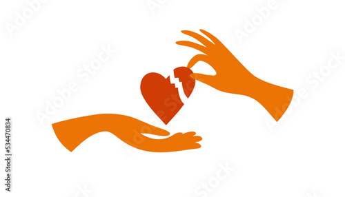 Human hands holding broken heart. Donation, charity, reunification, blood donor concept. Hand holding piece of heart trying to make whole. Social care, reunion, help, sharing love vector illustration