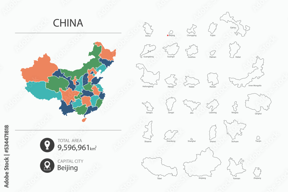 Naklejka premium Map of China with detailed country map. Map elements of cities, total areas and capital.