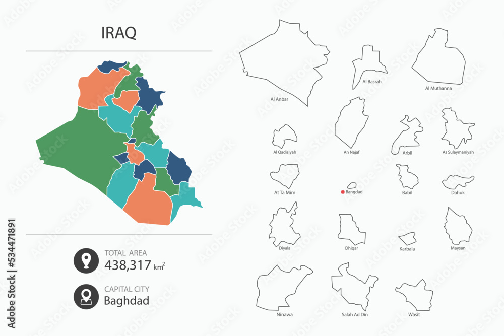 Map of Iraq with detailed country map. Map elements of cities, total areas and capital.