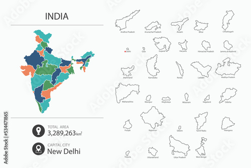 Map of India with detailed country map. Map elements of cities, total areas and capital.