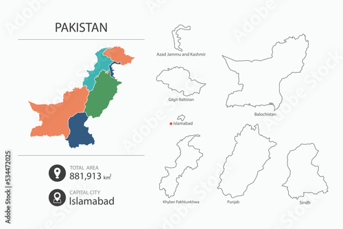 Map of Pakistan with detailed country map. Map elements of cities, total areas and capital.