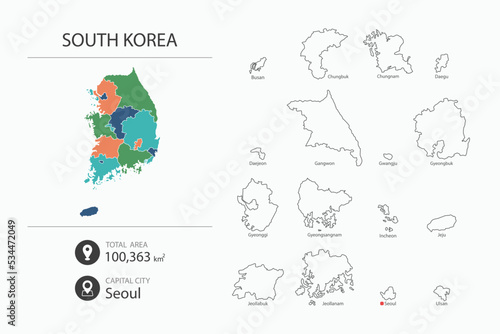 Map of South Korea with detailed country map. Map elements of cities, total areas and capital.