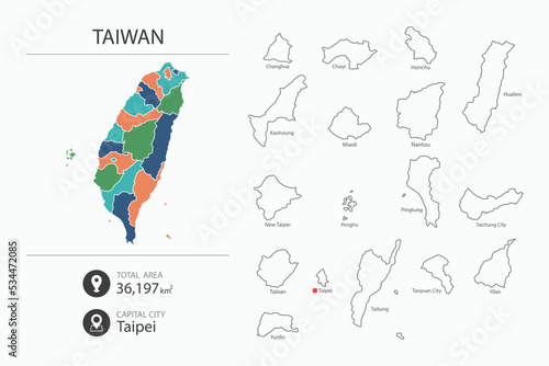 Map of Taiwan with detailed country map. Map elements of cities, total areas and capital.