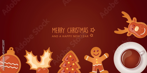 sweet tasty gingerbread deer and coffee on christmas morning