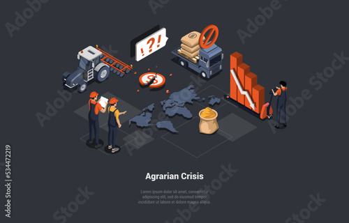 Concept of Reduction of Wheat Harvest. Shocked Agrarian People Concerned Of Economic Cituation. Decline, Crisis, Downfall, Inflation, Devaluation, Stock market Crash. Isometric 3d Vector Illustration