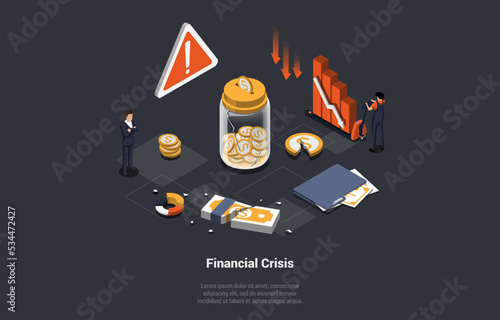 Global World Financial Crisis Concept. Closed Border, Collapsed World Market and Economic Crisis, Panic and food Shortages. Downfall, Inflation, Stock market Crash. Isometric 3d Vector Illustration