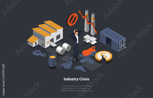 Global World Industry Crash, Oil Price Rising, Electricity and Energy Saving. Oil Crisis, Decline in Production Rates. Character Holding His Head Of Negative News. Isometric 3d Vector Illustration