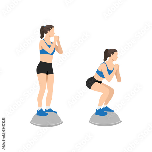 Woman doing bosu ball squat exercise. Flat vector illustration isolated on white background