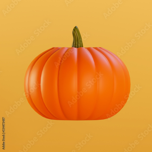 Pumpkin isolated on yellow background. 3D render. Jack lantern - traditional Halloween decor. Food.