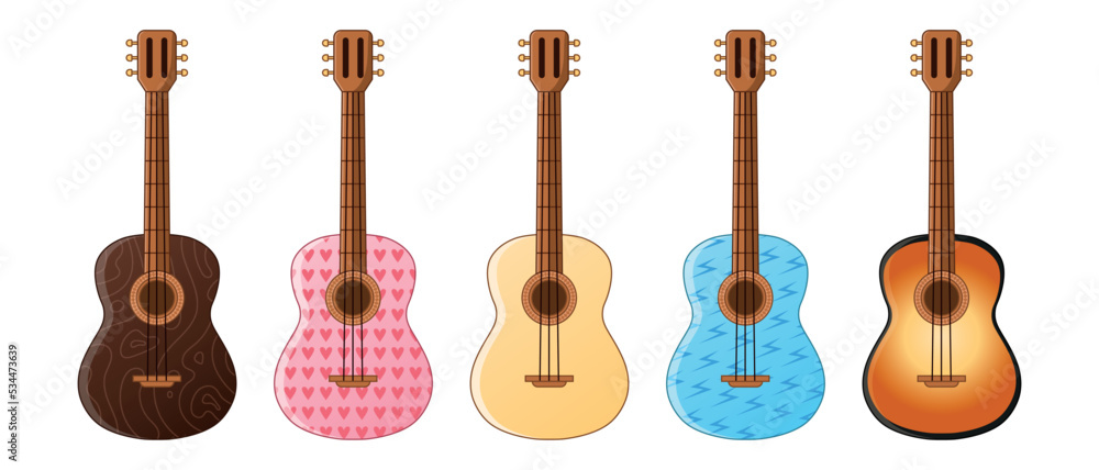 Naklejka premium Acoustic guitars on a white background. Musical instrument. A set of guitars. 3 classical guitars, a pink guitar and a blue guitar. Vector illustration.