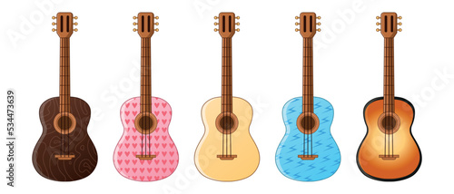 Acoustic guitars on a white background. Musical instrument. A set of guitars. 3 classical guitars, a pink guitar and a blue guitar. Vector illustration.