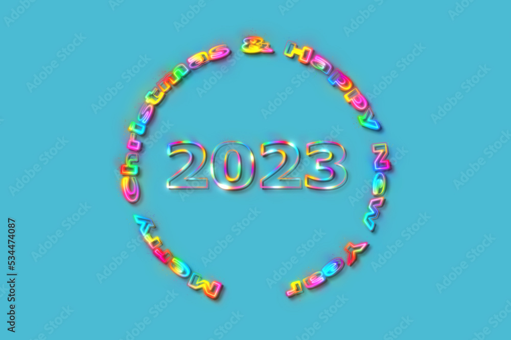 3D illustration New Year concept 2023 design with text glow rainbow design on a blue atoll color background. 3D illustration New Year concept 2023 design with text glow rainbow design on a blue atoll color background.