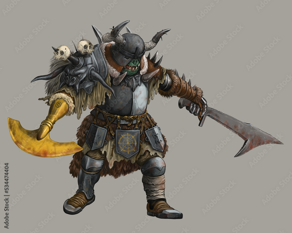 Fantasy creature - orc warrior attack. Fantasy illustration. Goblin with ax drawing. Fantasy creature - orc warrior attack. Fantasy illustration. Goblin with ax drawing.