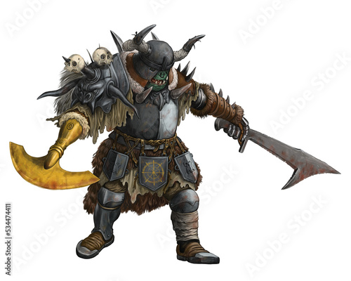 Fantasy creature - orc warrior attack. Fantasy illustration. Goblin with ax drawing.
