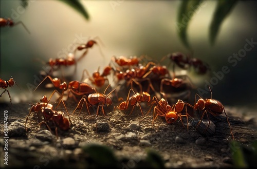 Close-up of red ants working hard foraging food into their anthill. wildlife 3D illustration © bennymarty