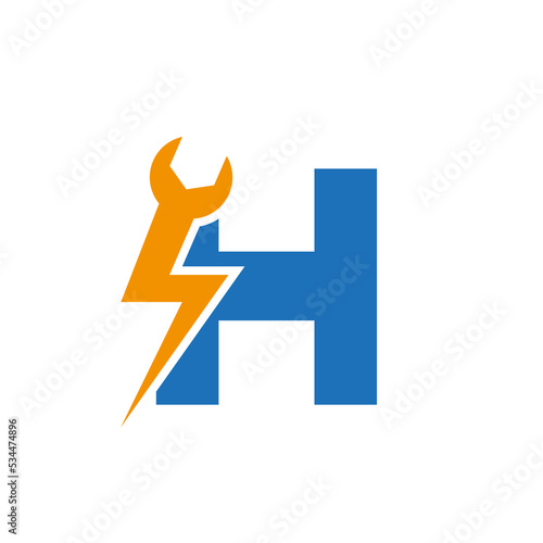 Initial Letter H Repair Wrench And Volt Power Logo Design For Repair, Electrical Sign Vector Template