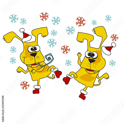 Couple of yellow dogs are d...