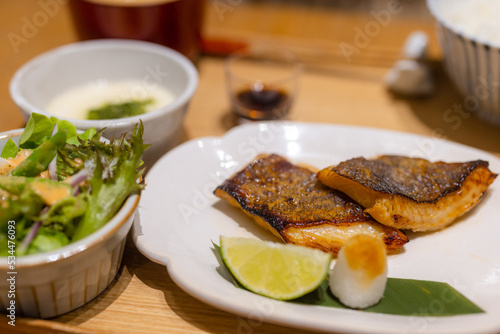 Mackerel fish fillet marinated in miso and grilled, Japanese cuisine