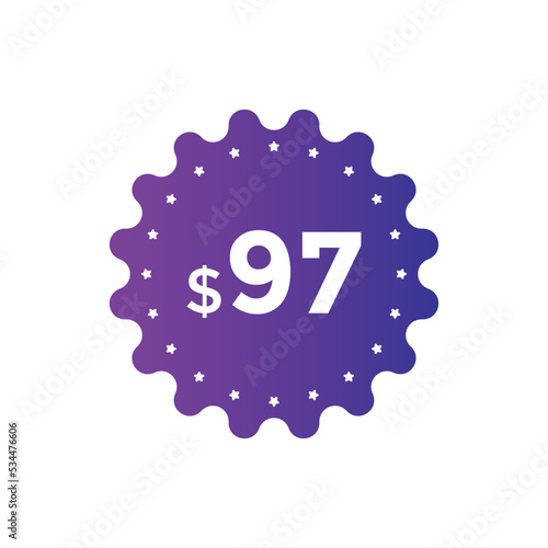 97 dollar price tag. Price $97 USD dollar only Sticker sale promotion Design. shop now button for Business or shopping promotion
