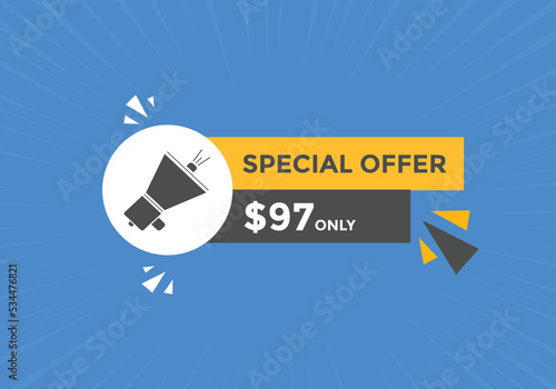 $97 USD Dollar Month sale promotion Banner. Special offer, 97 dollar month price tag, shop now button. Business or shopping promotion marketing concept
