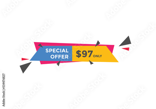 $97 USD Dollar Month sale promotion Banner. Special offer, 97 dollar month price tag, shop now button. Business or shopping promotion marketing concept
