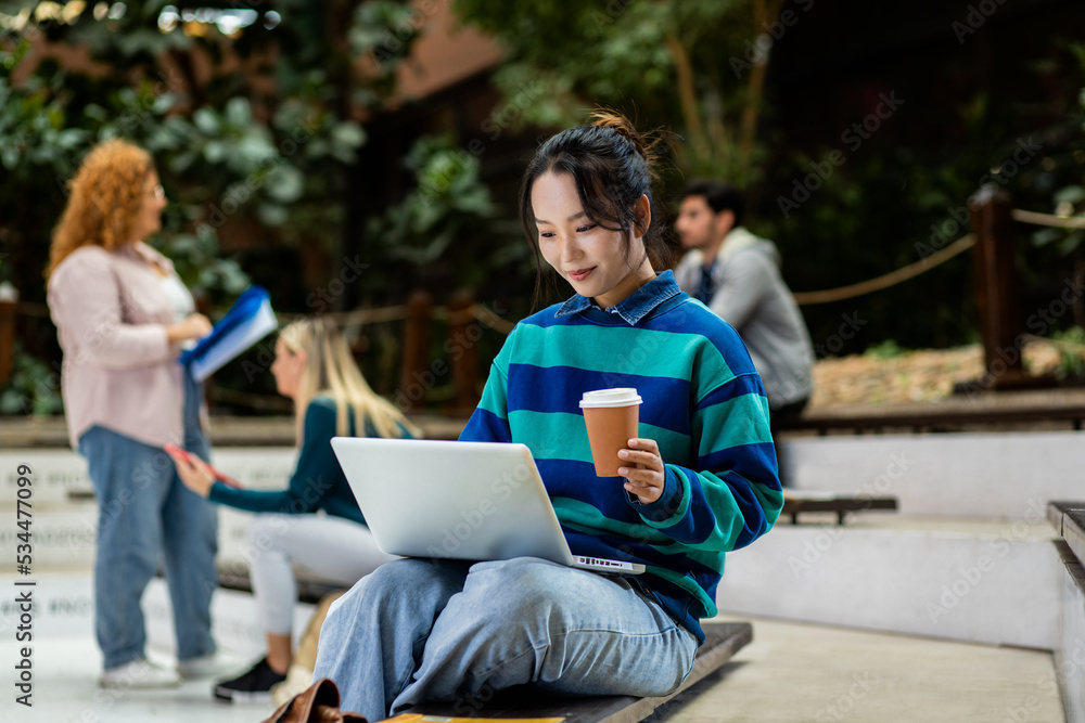 Fototapeta premium Portrait of female student siting in campus using laptop.