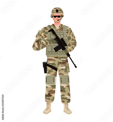 Soldier, military man, wearing sunglasses holding a rifle isolated. Flat vector illustration.