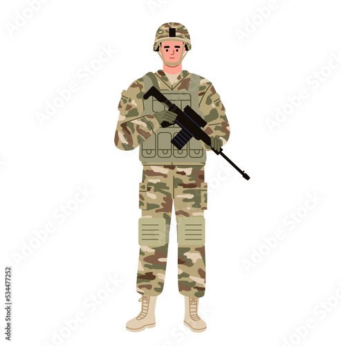 Soldier, military man, holding a rifle isolated. Flat vector illustration. photo
