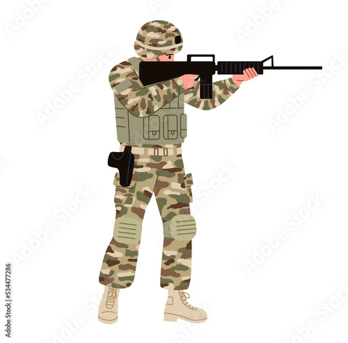 Soldier, military man, wearing sunglasses shooting from the rifle isolated. Call up to armed forced. Sideway position. Flat vector illustration. photo