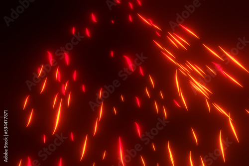 Raindrop-like glowing fire sparks falling from the sky on black background. Illustration as background template for web design