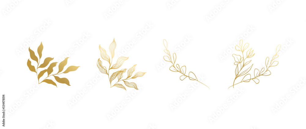 Golden leaves line art. Luxury flowers and leaves decoration elements for invitation and flyer design. Nature tropical art vector illustration Golden leaves line art. Luxury flowers and leaves decoration elements for invitation and flyer design. Nature tropical art vector illustration