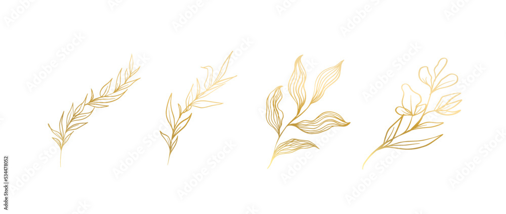 Golden leaves line art. Luxury flowers and leaves decoration elements for invitation and flyer design. Nature tropical art vector illustration Golden leaves line art. Luxury flowers and leaves decoration elements for invitation and flyer design. Nature tropical art vector illustration