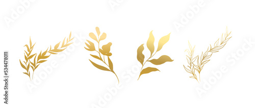 Golden leaves line art. Luxury flowers and leaves decoration elements for invitation and flyer design. Nature tropical art vector illustration