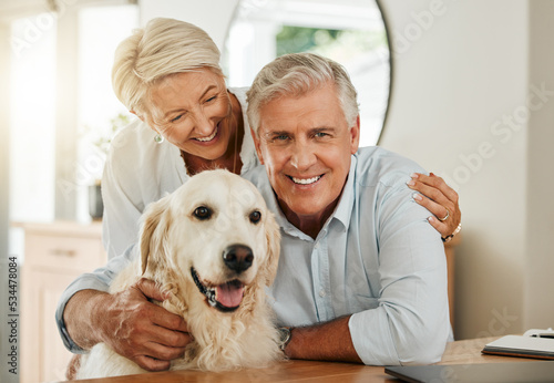 Senior couple, happy dog and smile of people in a home with quality time together. Animal love and happiness of elderly people with a pet golden retriever hug portrait in a house relax in retirement