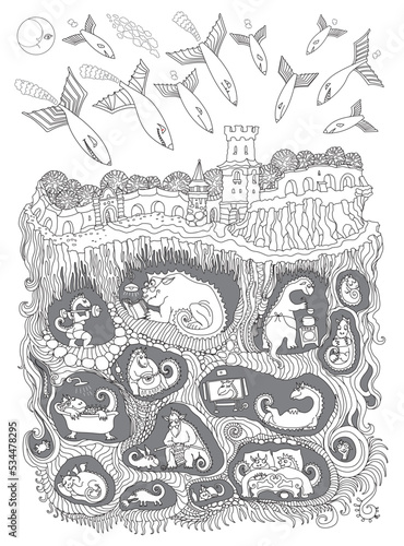 Raid of fantastic winged monsters on a fairy tale medieval town castle, safe underground shelter for dragon family. Adults coloring book page