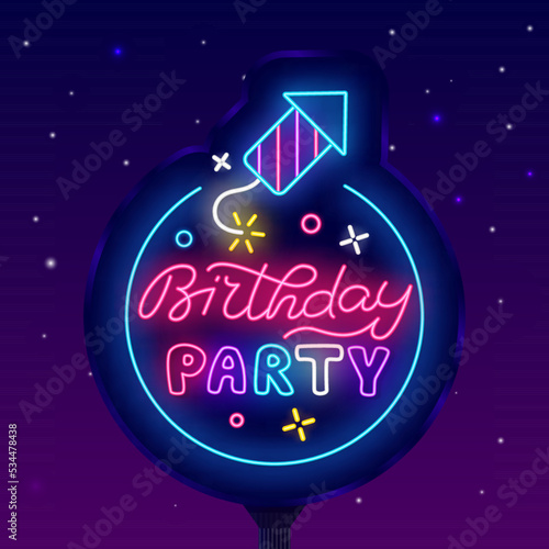Birthday party neon signboard. Light outdoor advertising. Firework petard icon. Vector stock illustration