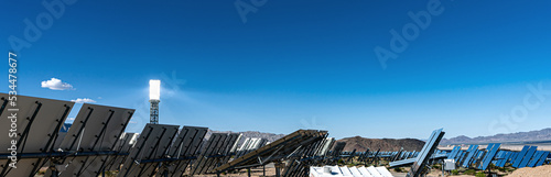 Modern concentrated solar power plant, works with mirrors focused on tower.