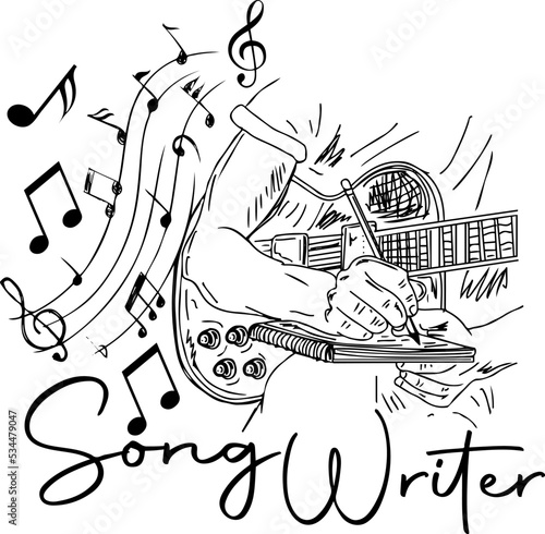 Song writer logo, Lyricist logo sketch drawing, Musician holding guitar and writing lyrics of song outline vector illustration, Music symbol, Sound designer cartoon doodle drawing photo