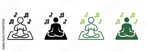 Yoga Concentration with Listen Music Silhouette and Line Icon. Harmony Man Relax in Lotus Pose Meditate Pictogram. Meditation and Listening to Music Icon. Editable Stroke. Vector Illustration