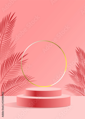 Valentine background vector 3d pink rendering with podium and cloud white scene, cloud 3d minimal background 3d rendering valentine love pink pastel podium. Stage pink on cloud render background