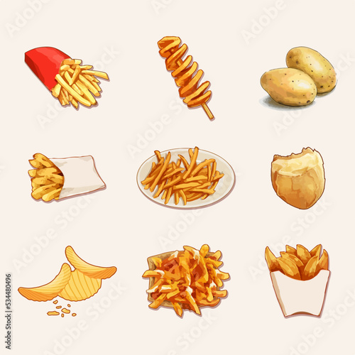 Raw sliced potatoes, french fries, potato wedges, potato chips, tornado potato, twisted spiral chips. Potatoes vegetable products, chopped and peeled potatoes watercolor vector illustration set.