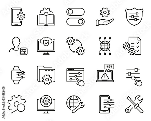 Tech Support, Settings and Options Black Line Icon. Setup, Repair and Settings Outline Icon Set. Gear, Screwdriver and Wrench Icons. Editable Stroke. Isolated Vector illustration