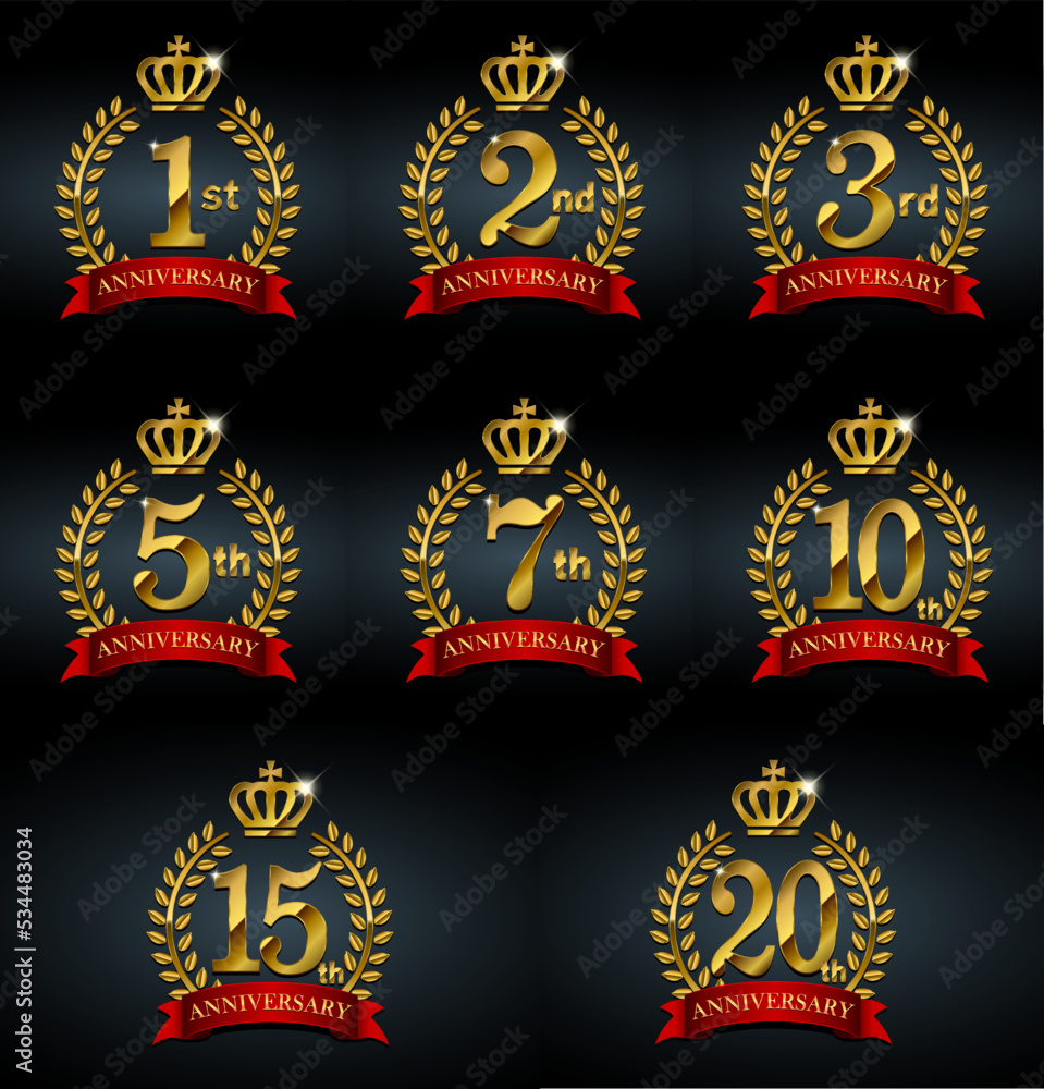 Golden anniversary medal icon set from 1st to 20th.