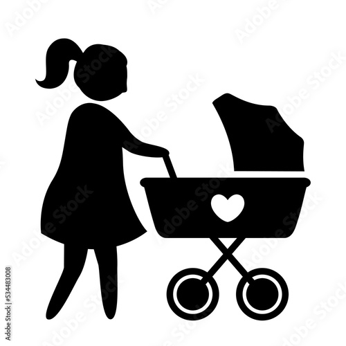 Mother and baby stroller vector pictogram icon. Woman pushing pram isolated symbol. 