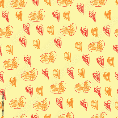 Red and yellow seamless hearts on hand drawn pattern