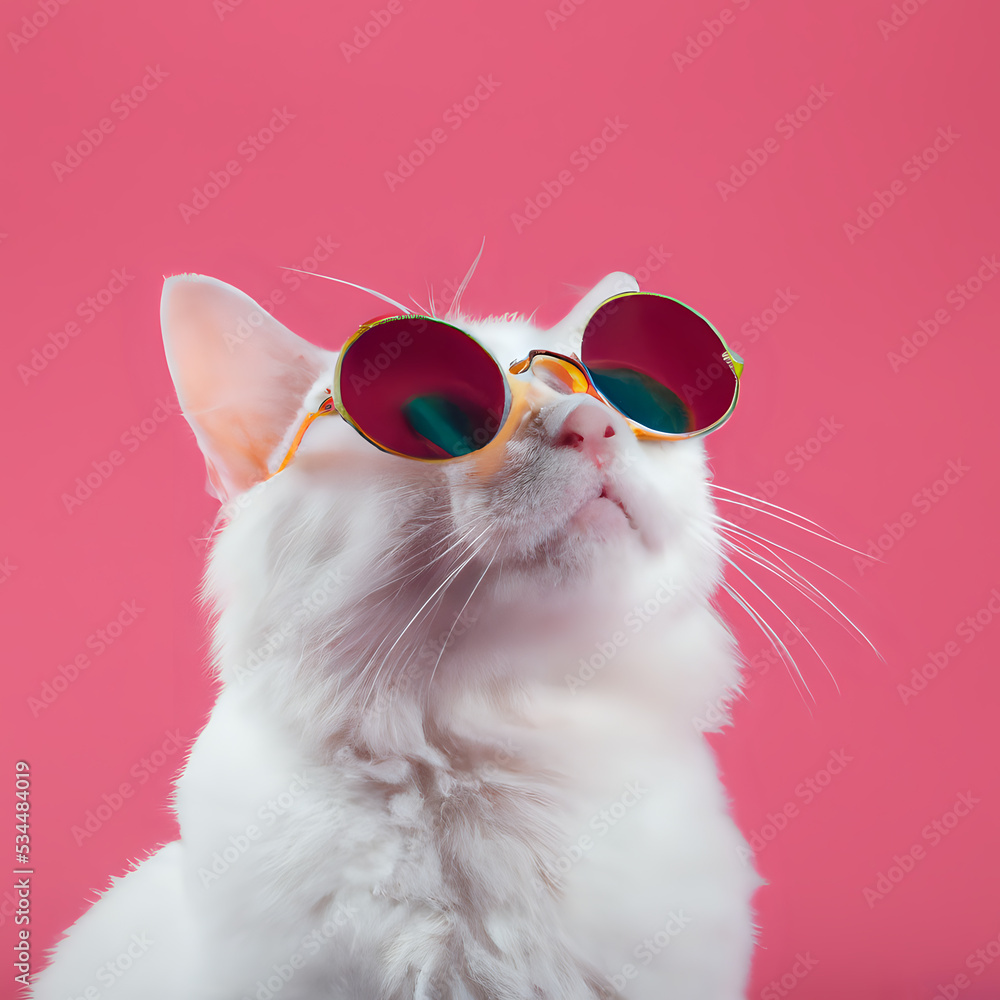 Funny cat with sunglasses on a pink background - digital art