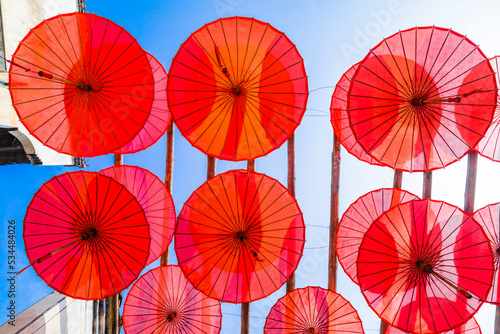 Red oiled paper umbrella in Huangleng scenic area  Wuyuan  Jiangxi